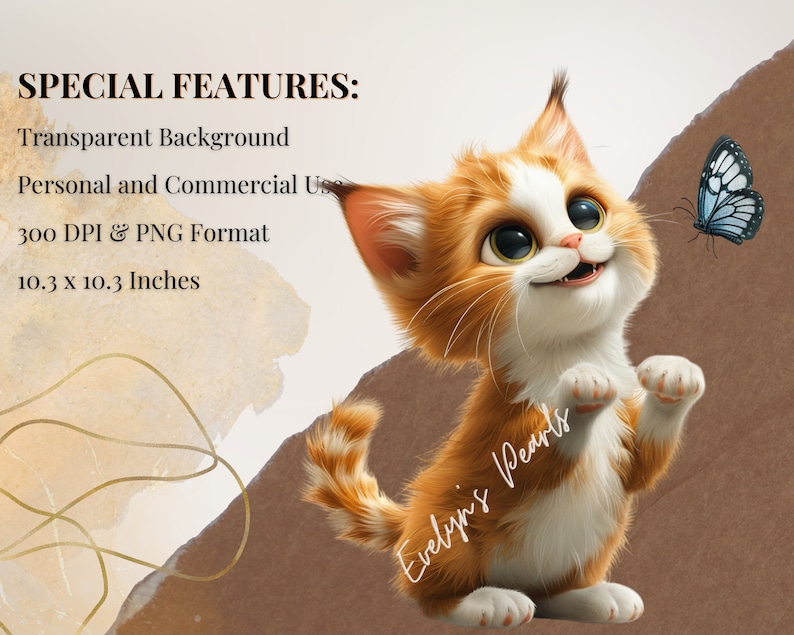 May include: A cartoon orange and white cat with blue eyes looks up at a blue butterfly. The cat is standing on its hind legs with its front paws raised. The background is a brown and beige watercolor wash.