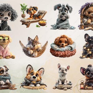 May include: A digital collage of ten adorable cartoon puppies in various poses and settings. The puppies are all wearing different outfits and accessories, and some are holding objects like books, a hammock, and a cup of tea. The collage is set against a white background and includes the text "Puppy Retreat".