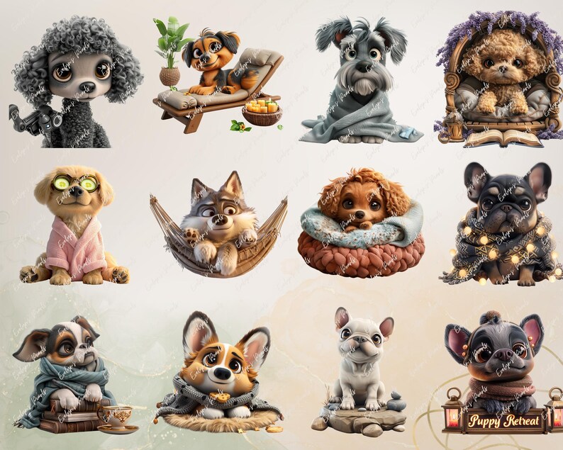 May include: A digital collage of ten adorable cartoon puppies in various poses and settings. The puppies are all wearing different outfits and accessories, and some are holding objects like books, a hammock, and a cup of tea. The collage is set against a white background and includes the text "Puppy Retreat".