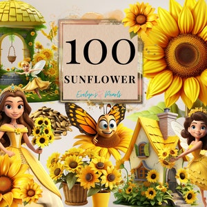 Sonnenblume Clipart Frühlingsblumen PNG Floral Fee Land Clipart Garten PNG Pflanzen Clipart Saisonales Handwerk | Kommerzielle Nutzung Clipart Transparent