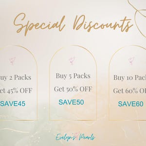 May include: A graphic with three arched frames, each with a different discount offer. The first frame says "Buy 2 Packs Get 45% OFF SAVE45". The second frame says "Buy 5 Packs Get 50% OFF SAVE50". The third frame says "Buy 10 Packs Get 60% OFF SAVE60". The graphic has a light peach background with a gold and white abstract design.