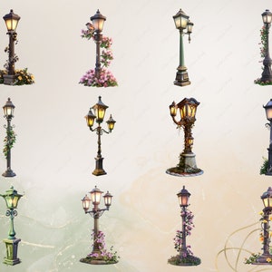 May include: Collection of ornate street lamps in various designs. Some lamps feature floral accents like roses and vines, while others have multiple light fixtures. The lamps are in shades of black, bronze, and green, with warm yellow light.