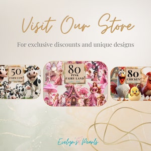 May include: A collage of three images featuring different themes. The first image shows a group of cartoon cows with the text "50 Farm Cow". The second image shows a pink fairyland scene with the text "80 Pink Fairy Land". The third image shows a cartoon rooster and chick with the text "80 Chicken".