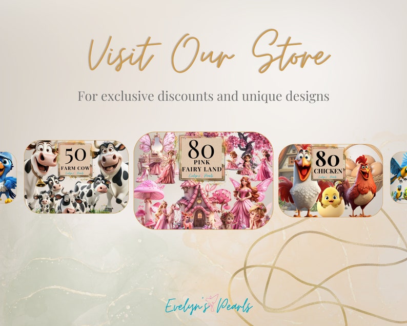 May include: A collage of three images featuring different themes. The first image shows a group of cartoon cows with the text "50 Farm Cow". The second image shows a pink fairyland scene with the text "80 Pink Fairy Land". The third image shows a cartoon rooster and chick with the text "80 Chicken".
