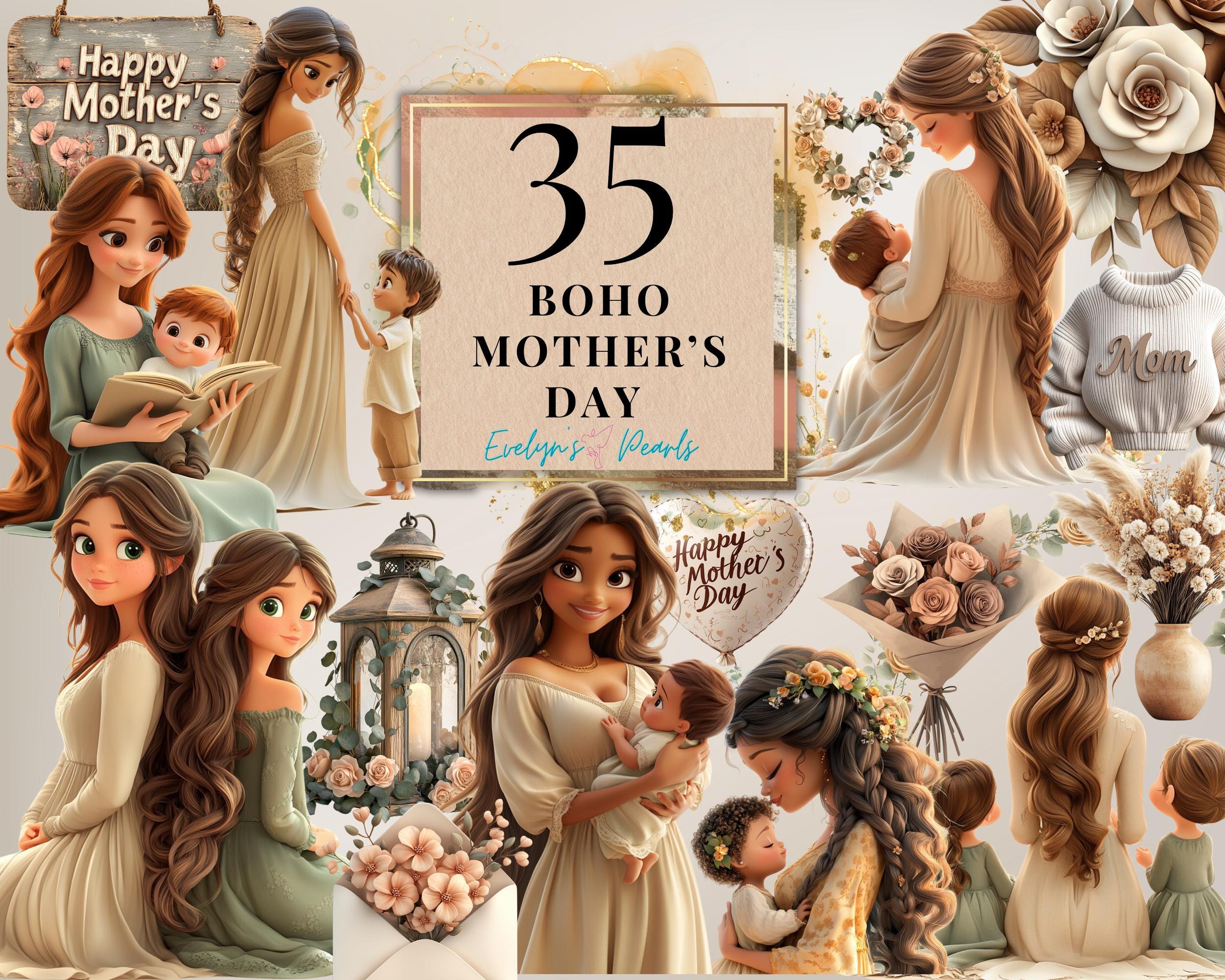 Mother's Day Clipart Boho Mother's Day PNG Mum and Baby Clipart Floral Mother's Day PNG Celebration | Commercial Use Clipart Transparent