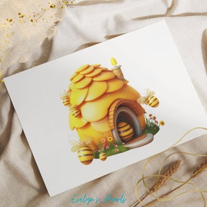 May include: A yellow and brown cartoon beehive with a chimney and a small bee entering the hive. There are several bees flying around the hive and flowers growing at the base.