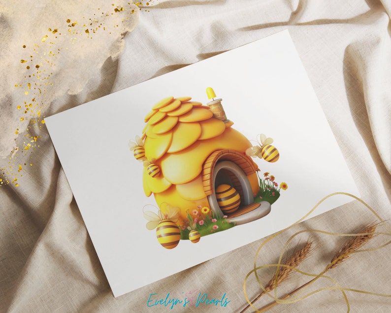 May include: A yellow and brown cartoon beehive with a chimney and a small bee entering the hive. There are several bees flying around the hive and flowers growing at the base.