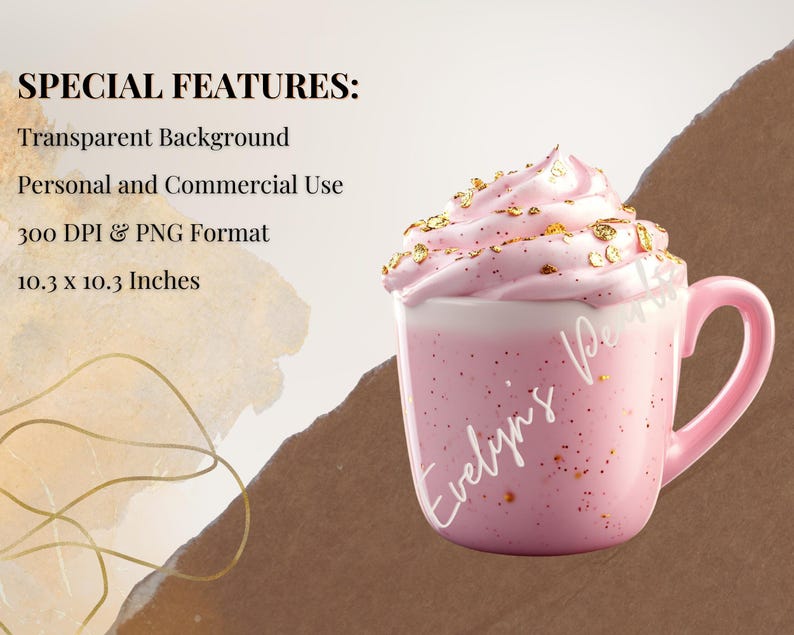 Pu&ograve; includere: Una tazza in ceramica rosa con un bordo bianco e un interno bianco. La tazza &egrave; piena di panna montata rosa con spruzzi dorati. La tazza ha il testo "Evelyn's Pe" scritto sul lato.