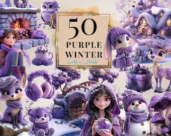 May include: A collection of 50 purple winter themed digital clipart images. The images include a purple fox, a purple bunny, a purple deer, a purple snowman, a purple bear, a purple girl, a purple fireplace, a purple house, a purple bridge, and a purple snow globe.