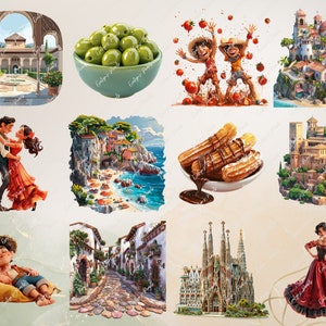 May include: A collage of images depicting various aspects of Spanish culture, including architecture, food, and people. The images include a courtyard with arches, a bowl of green olives, two people throwing tomatoes, a castle, a plate of churros with chocolate sauce, a couple dancing, a seaside town, a street scene, a cathedral, and a woman in a red dress.