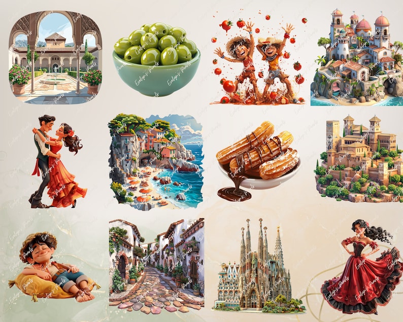 May include: A collage of images depicting various aspects of Spanish culture, including architecture, food, and people. The images include a courtyard with arches, a bowl of green olives, two people throwing tomatoes, a castle, a plate of churros with chocolate sauce, a couple dancing, a seaside town, a street scene, a cathedral, and a woman in a red dress.