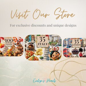 May include: A collage of images featuring various themes, including autumn leaves, Italian food, and London landmarks. The text "Visit Our Store" is at the top of the image, and the text "Evelyn's Pearls" is at the bottom.