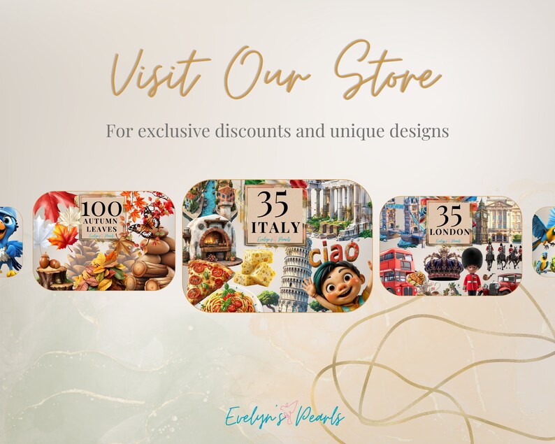 May include: A collage of images featuring various themes, including autumn leaves, Italian food, and London landmarks. The text "Visit Our Store" is at the top of the image, and the text "Evelyn's Pearls" is at the bottom.