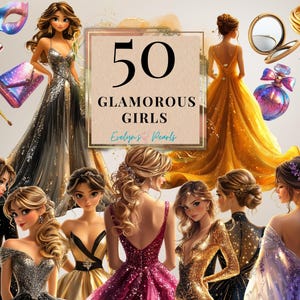 Clipart fille glamour illustration de mode Clipart fille de fête mode fille, robe de bal glamour PNG Make up | Clipart à usage commercial transparent