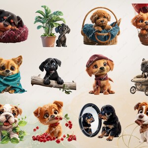 May include: A collection of cute cartoon dogs in various poses and settings. Some dogs are wearing scarves, hats, and other accessories. One dog is in a stroller, another is in a basket, and another is holding a chocolate bar.