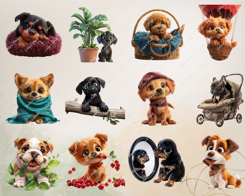 May include: A collection of cute cartoon dogs in various poses and settings. Some dogs are wearing scarves, hats, and other accessories. One dog is in a stroller, another is in a basket, and another is holding a chocolate bar.