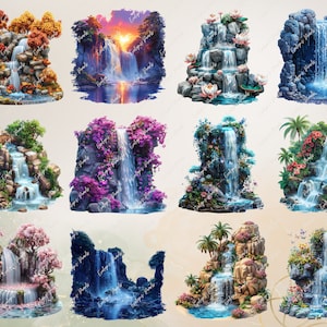 May include: A collection of 10 digital illustrations of waterfalls with various backgrounds, including lush greenery, flowers, and rocks. The waterfalls are depicted in a realistic style with flowing water and cascading water.