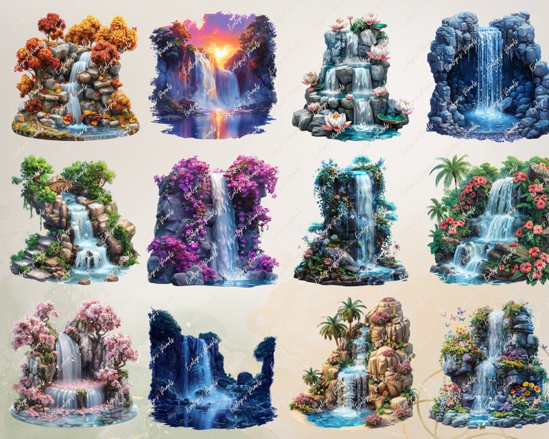 May include: A collection of 10 digital illustrations of waterfalls with various backgrounds, including lush greenery, flowers, and rocks. The waterfalls are depicted in a realistic style with flowing water and cascading water.