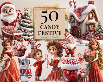 May include: A digital illustration featuring a festive Christmas theme with Santa Claus, a decorated Christmas tree, and various characters. The image includes candy canes, a house, and the text "50 CANDY FESTIVE".