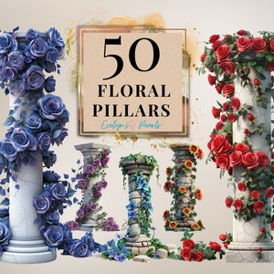 Puede incluir: 50 Pilares Florales de Evelyns Pearls. Un conjunto de cinco pilares decorativos envueltos en varias flores. Los pilares son de piedra y tienen un aspecto desgastado. Las flores son azules, rojas y amarillas.