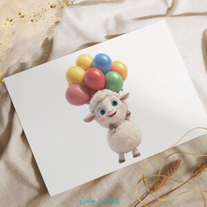 May include: A white fluffy lamb with a friendly expression is holding a bunch of colorful balloons. The balloons are red, blue, yellow, green, and pink.