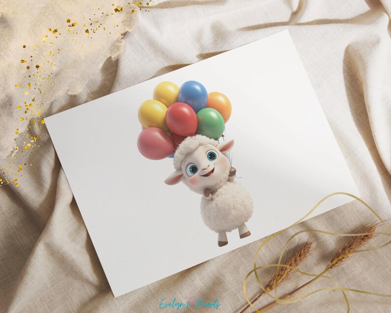 May include: A white fluffy lamb with a friendly expression is holding a bunch of colorful balloons. The balloons are red, blue, yellow, green, and pink.