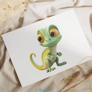 May include: A cartoon green and yellow chameleon with large, round, yellow eyes. The chameleon is standing on its hind legs with its front legs raised. It has a friendly expression on its face.
