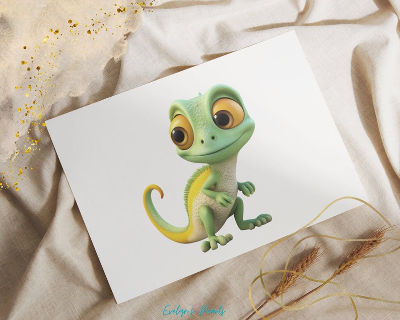 May include: A cartoon green and yellow chameleon with large, round, yellow eyes. The chameleon is standing on its hind legs with its front legs raised. It has a friendly expression on its face.