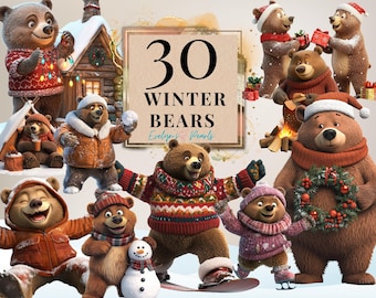May include: A collection of 30 winter-themed bear illustrations. The bears are wearing various winter clothing, such as hats, scarves, and coats. Some bears are holding winter-themed objects, such as snowballs, wreaths, and presents. The bears are set against a snowy background with a cabin in the background. The text "30 Winter Bears" is displayed in the center of the image.