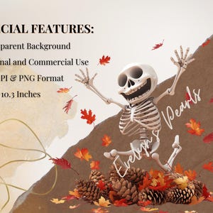 May include: A digital illustration of a skeleton wearing a festive smile, jumping into a pile of autumn leaves. The image is 10.3 inches by 10.3 inches and has a transparent background.