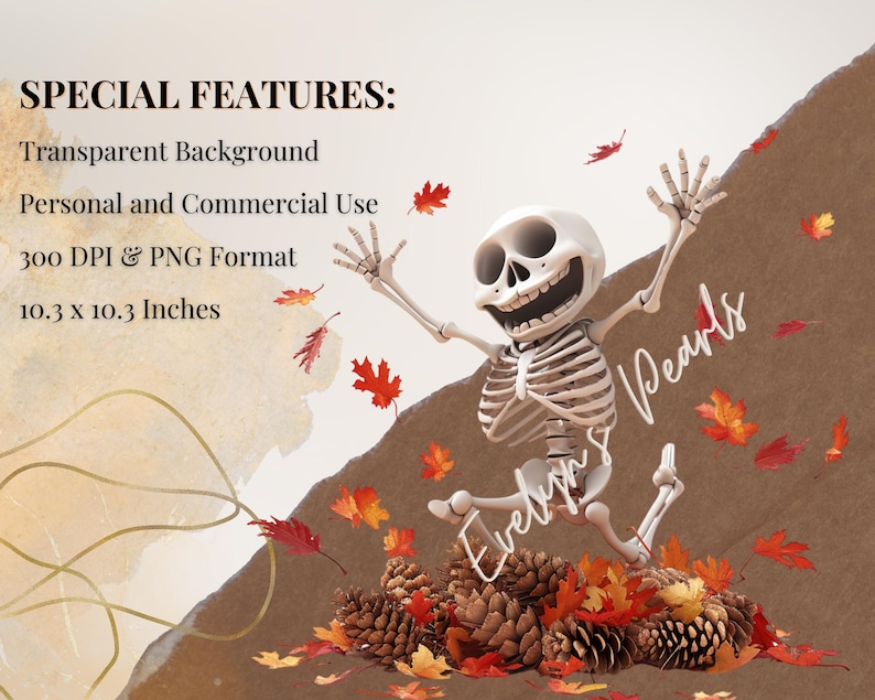May include: A digital illustration of a skeleton wearing a festive smile, jumping into a pile of autumn leaves. The image is 10.3 inches by 10.3 inches and has a transparent background.