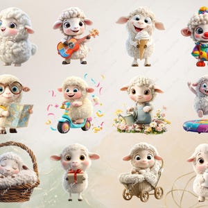 May include: A collection of ten cute cartoon lambs in various poses. Some lambs are playing music, riding a scooter, holding a watering can, and sleeping in a basket.