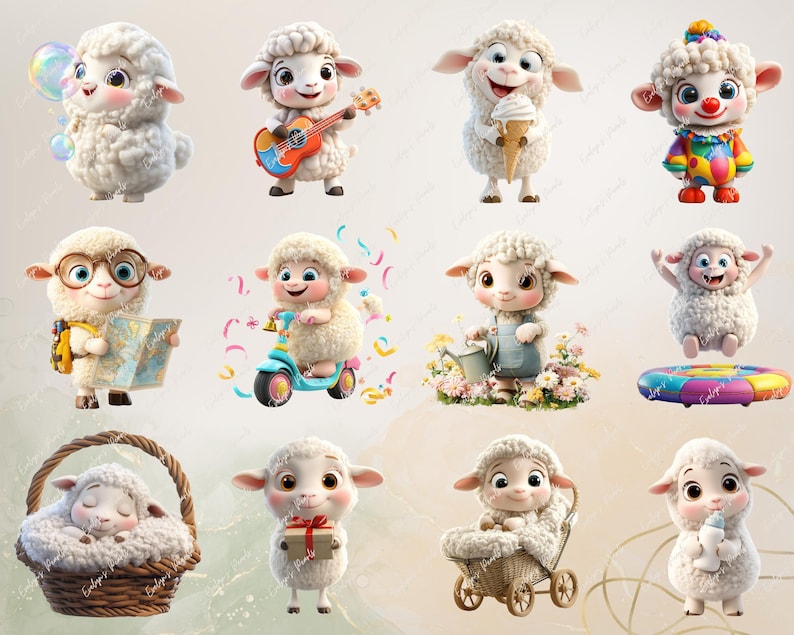 May include: A collection of ten cute cartoon lambs in various poses. Some lambs are playing music, riding a scooter, holding a watering can, and sleeping in a basket.