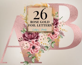 Letters Clipart Rose Gold Foil Letter PNG Rose Gold Floral Letters Clipart Card PNG 26 English Alphabet | Commercial Use Clipart Transparent
