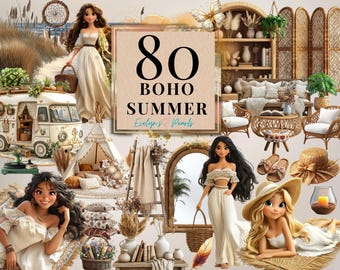 Boho Summer Clipart, Ziemista grafika Boho, Clipart do Planera, Nadmorska sztuka Boho PNG, Rustykalny Dom Clipart, Kwiaty Boho PNG | Clipart do użytku komercyjnego