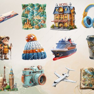 May include: A collection of travel-themed illustrations, including a map, a hotel, headphones, a backpacker, a winter hat, a cruise ship, a coffee cup, a cityscape, a camera, a plane, and an open book.