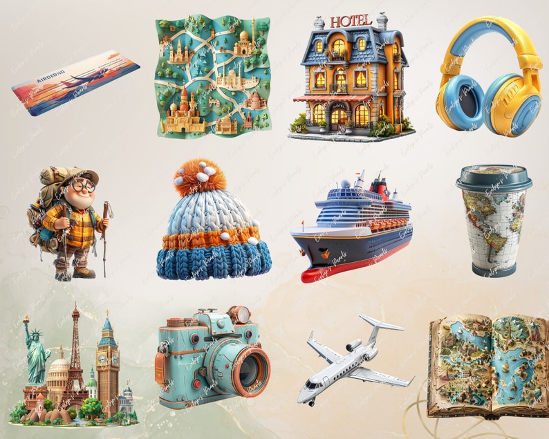 May include: A collection of travel-themed illustrations, including a map, a hotel, headphones, a backpacker, a winter hat, a cruise ship, a coffee cup, a cityscape, a camera, a plane, and an open book.