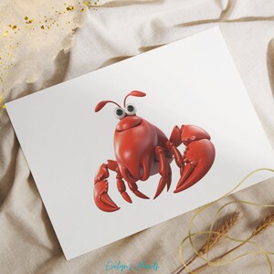 May include: A red cartoon crab with large, round eyes and a wide smile. The crab has six legs and two large claws.