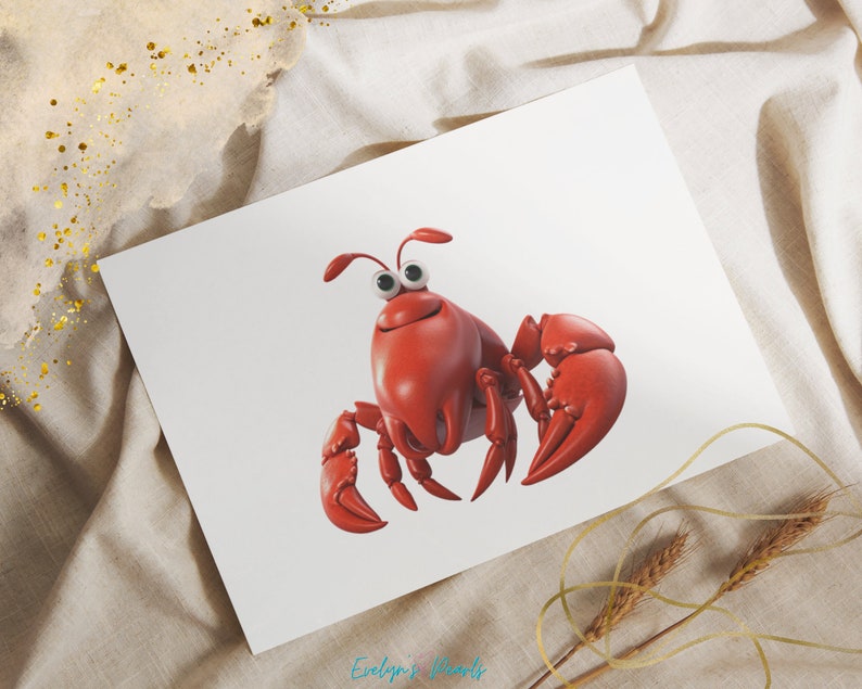 May include: A red cartoon crab with large, round eyes and a wide smile. The crab has six legs and two large claws.