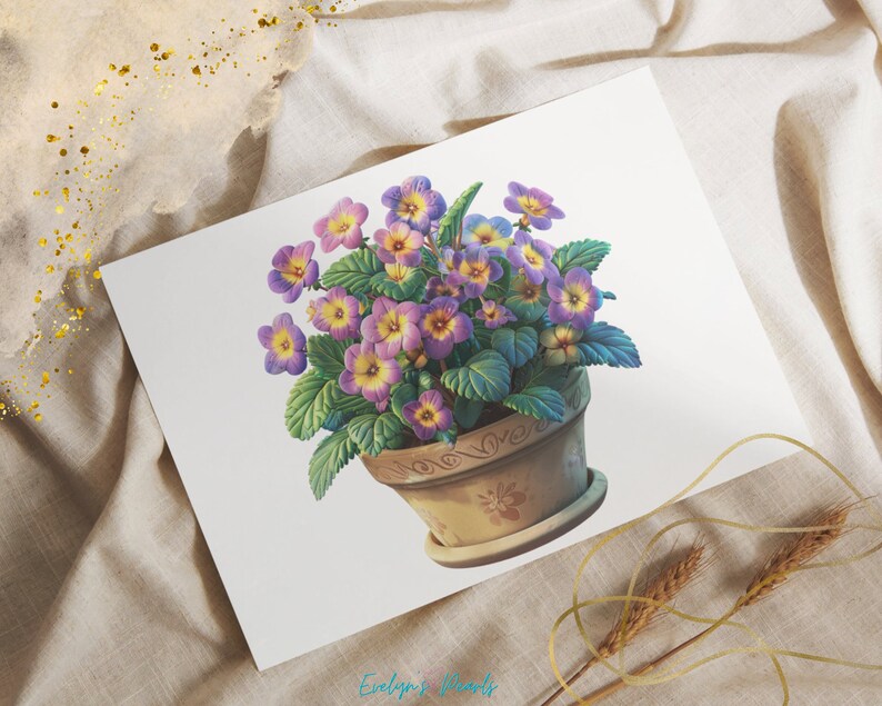 Puede incluir: Una planta en maceta con flores moradas y amarillas. La maceta es marr&oacute;n con un dise&ntilde;o decorativo.