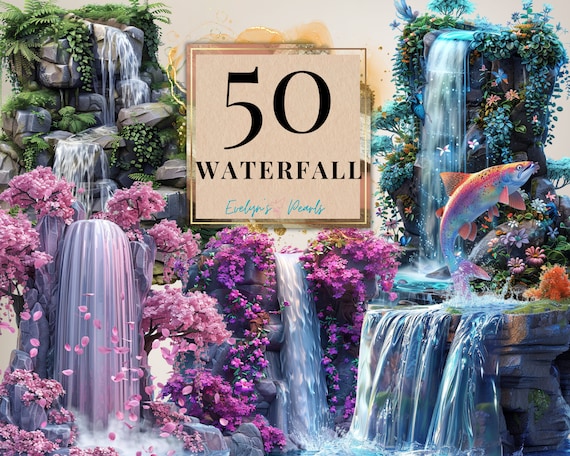 Waterfall Clipart Waterfall PNG Nature Clipart tropical Island PNG Magical Waterfall Clipart Fairy Tale | Commercial Use Clipart Transparent