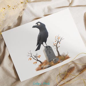 May include: A black crow perched on a tombstone with the inscription "Rest in Peace" in a spooky Halloween-themed illustration.