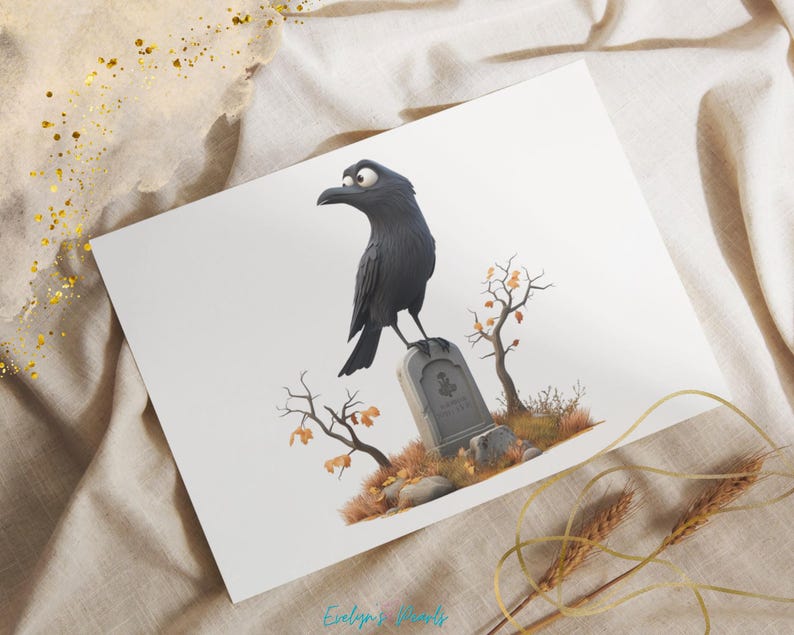 May include: A black crow perched on a tombstone with the inscription "Rest in Peace" in a spooky Halloween-themed illustration.