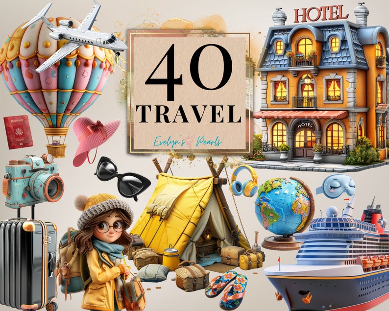 May include: A collection of 40 travel themed illustrations, including a hot air balloon, a hotel, a tent, a suitcase, a globe, a cruise ship, sunglasses, a camera, a sleep mask, flip flops, and a cartoon girl with a backpack.
