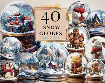May include: A collection of 40 snow globes with various winter scenes, including a snowy mountain range, a winter village, a polar bear, a snowman, and a family of cartoon characters. The snow globes are displayed on a wooden surface with a sign that reads "40 Snow Globes".