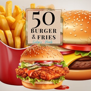 K&ouml;nnte beinhalten: Eine Sammlung von 50 digitalen Illustrationen von Burgern und Pommes Frites. Die Bilder sind in einem realistischen Stil gehalten und zeigen eine Vielzahl von Bel&auml;gen und Stilen.