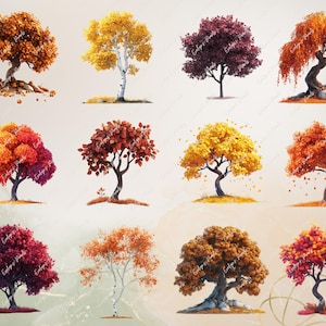 Op de afbeelding: Een verzameling van 10 herfstbomen met verschillende bladkleuren, waaronder rood, oranje, geel en bruin. De bomen zijn ge&iuml;soleerd op een witte achtergrond.