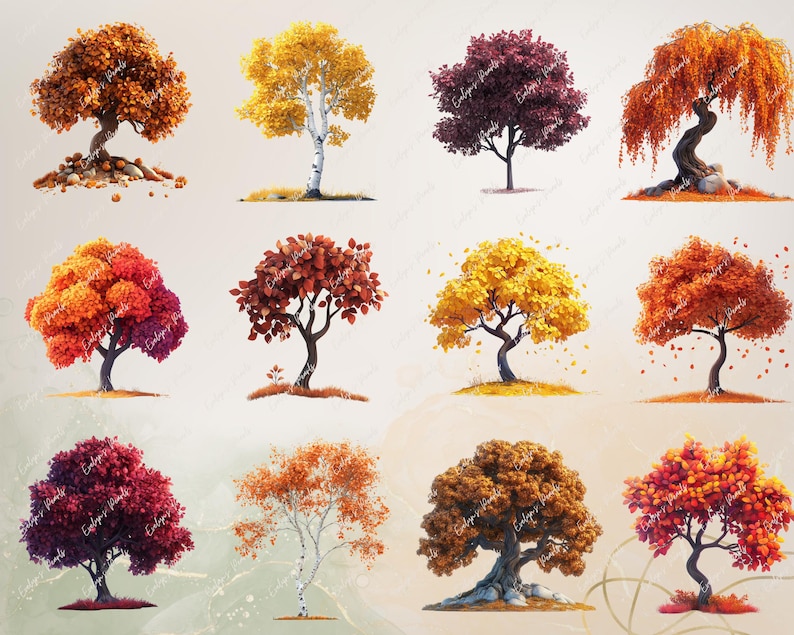 Op de afbeelding: Een verzameling van 10 herfstbomen met verschillende bladkleuren, waaronder rood, oranje, geel en bruin. De bomen zijn ge&iuml;soleerd op een witte achtergrond.