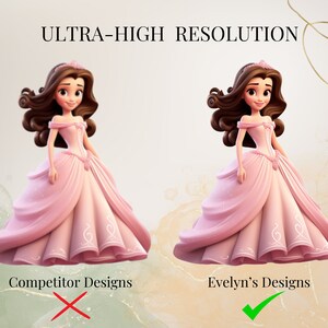 Pu&ograve; includere: Due illustrazioni di una principessa con un abito rosa e una corona. L'illustrazione a sinistra &egrave; contrassegnata da una X rossa e dal testo "Competitor Designs". L'illustrazione a destra &egrave; contrassegnata da un segno di spunta verde e dal testo "Evelyn's Designs". Il testo "ULTRA-HIGH RESOLUTION" &egrave; nella parte superiore dell'immagine.