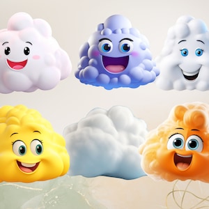 May include: Six cartoon clouds with different colors and expressions. The clouds are white, blue, yellow, orange, and gray. They have happy faces with big eyes and smiles.